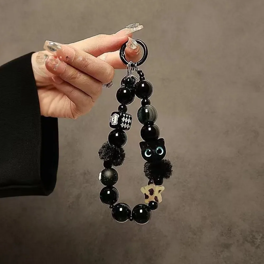 Black Cat Mobile Phone Lanyard Bead Bracelet Designed Car Keychain Cartoon Anti-loss Hanging Rope Wrist Strap Gift For Women