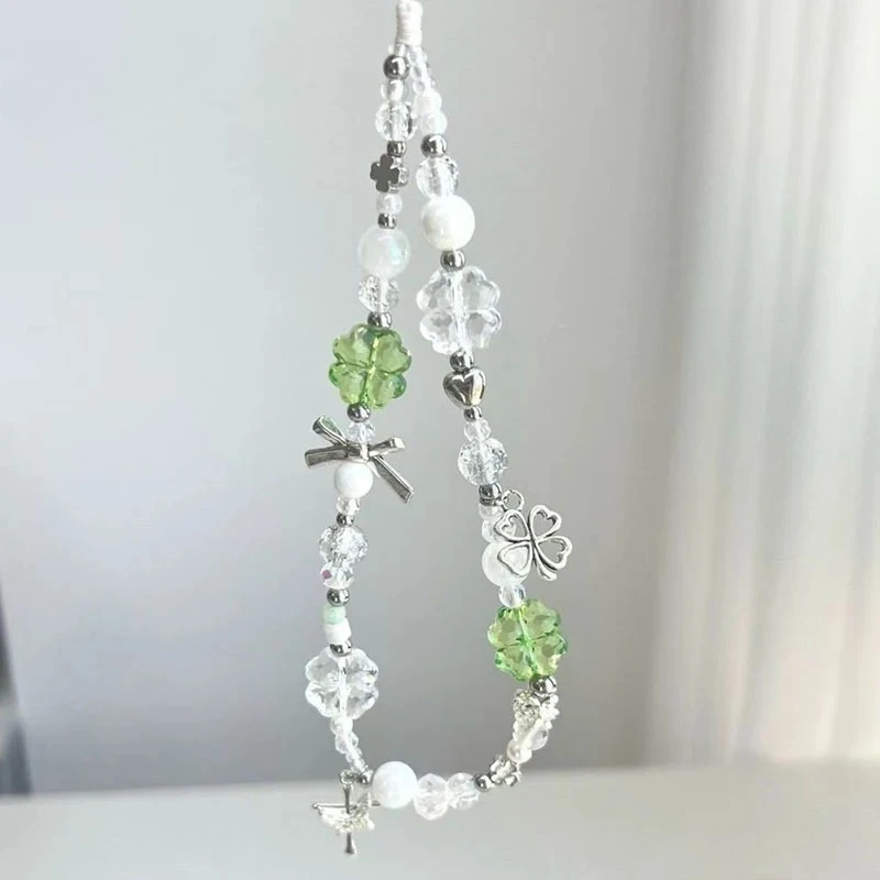 Korean Cute Green Clear Lucky Clover Beaded Keychain Phone Charm Chain Strap Pendant For Phone Accessories Bag Hanging Cord Gift