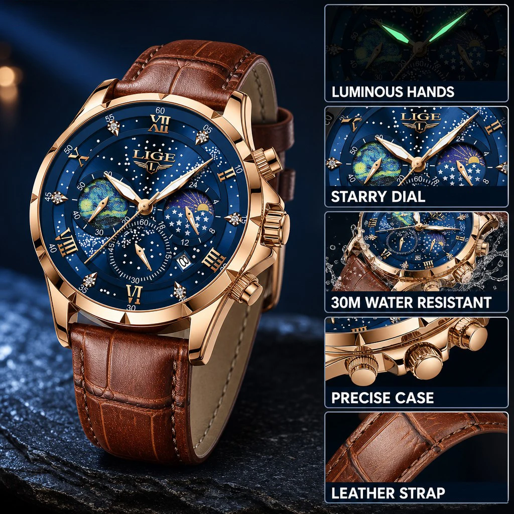 LIGE Men Watches Casual Sport Watch Men Luxury Waterproof Date Watches Luminous Chronograph Wristwatch Male Quartz Leather Clock