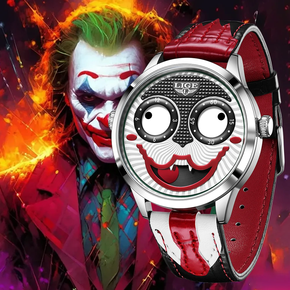 LIGE Watch Men Cool Joker Classic Watches Men's Fashion Clown Leather Strap Waterproof Quartz Wristwatches For Men Reloj Hombre