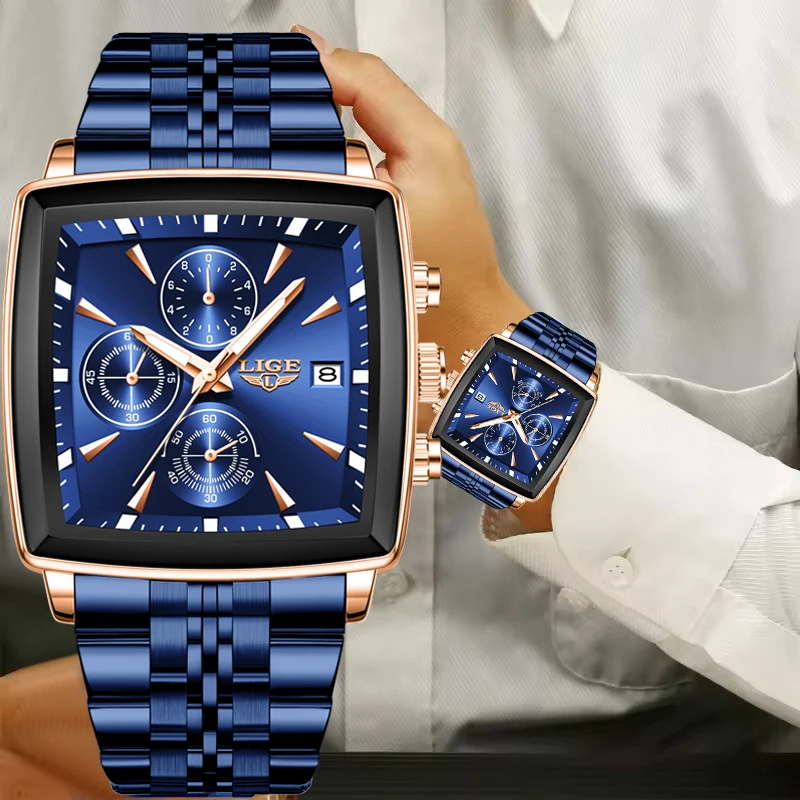 Relogio Masculino LIGE New Fashion Mens Watches Luxury Square Blue Men's Wristwatch Stainless Steel Waterproof Quartz Clock Male