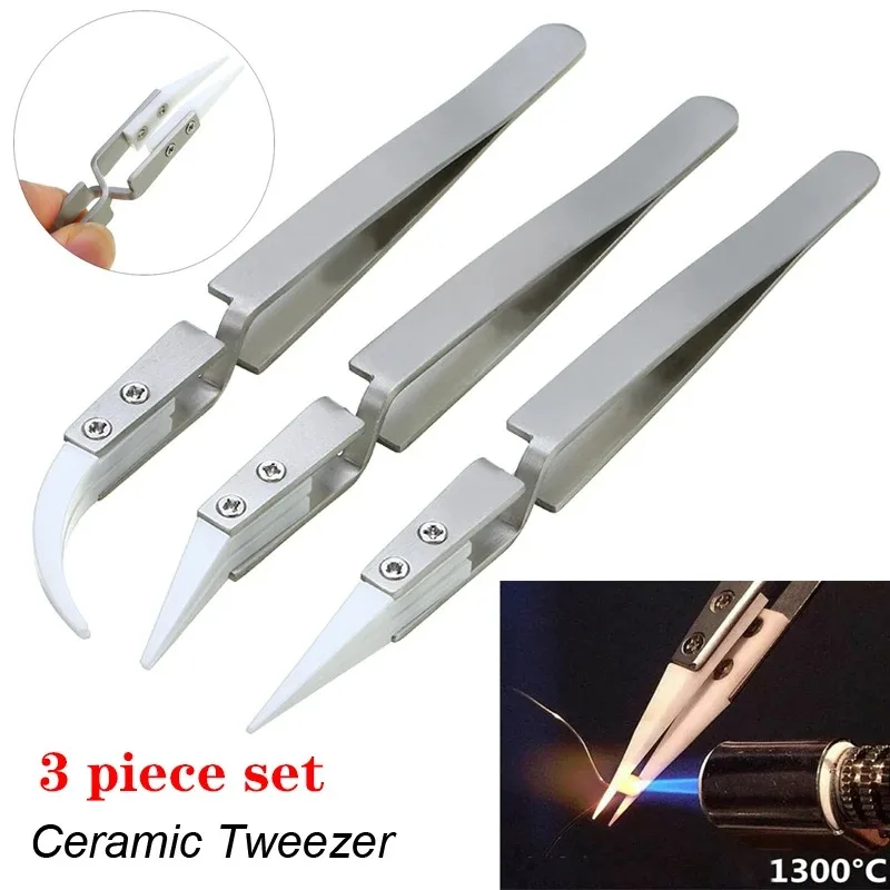 1/3 Pcs Ceramic Straight Tip Electronic Soldering Tweezers, Anti-Static Reverse Acid Resistant Precision Chuck Ceramic Tweezers
